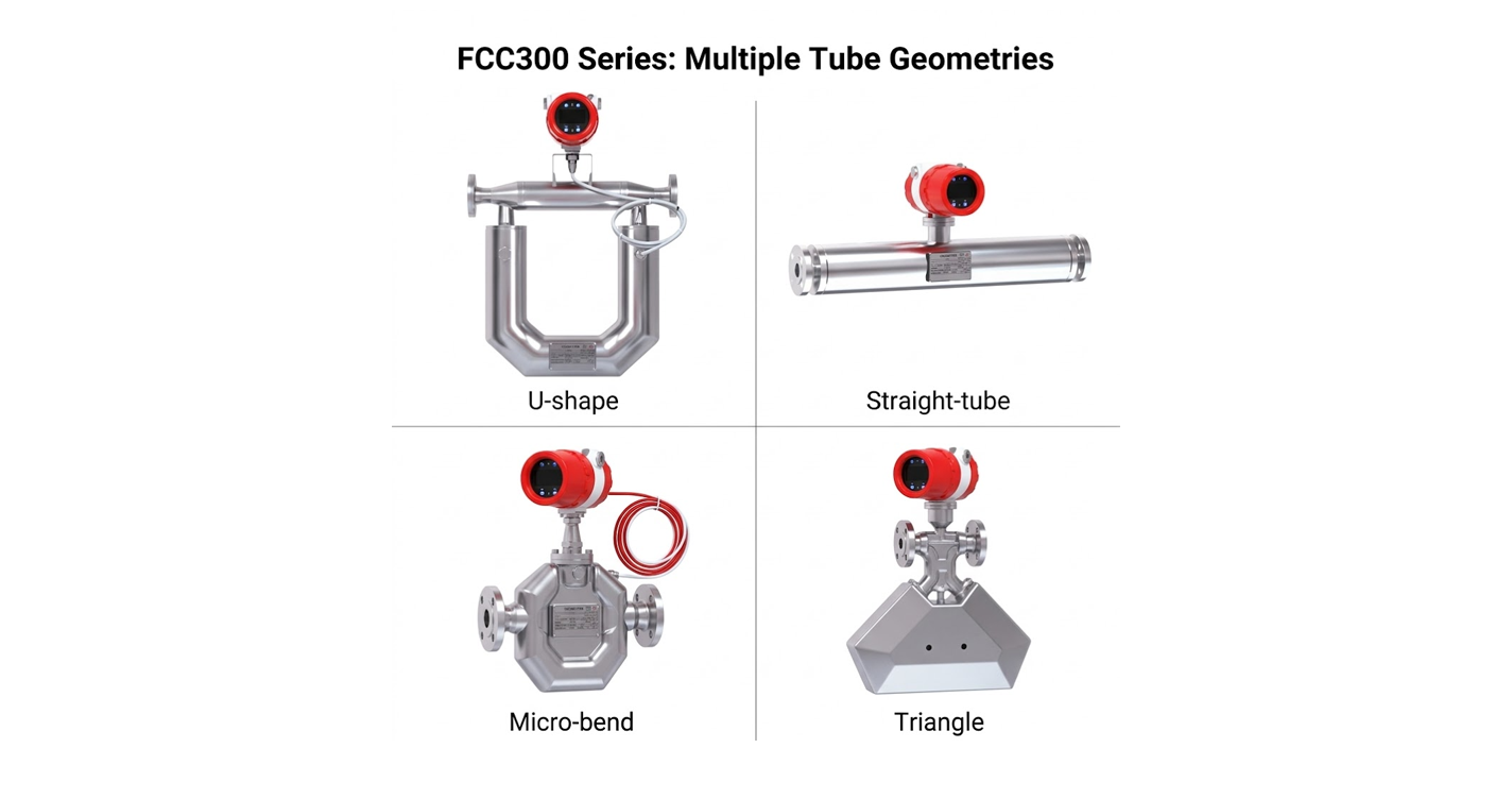 ASMIK FCC300 FCC800 Coriolis mass flow meter product structure showing U-shape straight tube and micro-bend sensor configurations in stainless steel housing