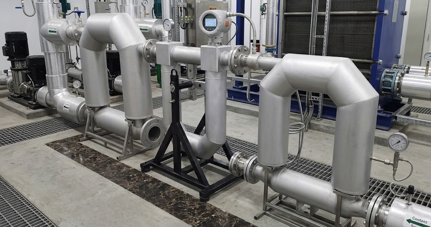 ASMIK Coriolis mass flow meter installed in industrial stainless steel piping for immersion cooling application, showing robust 304SS 316SS construction and compact installation without straight pipe runs