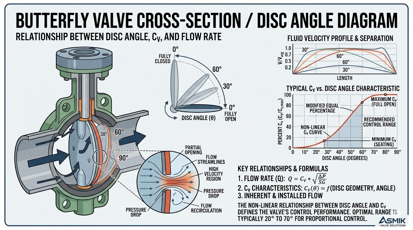 Butterfly valve disc at partial opening showing Cv/flow relationship — ASMIK